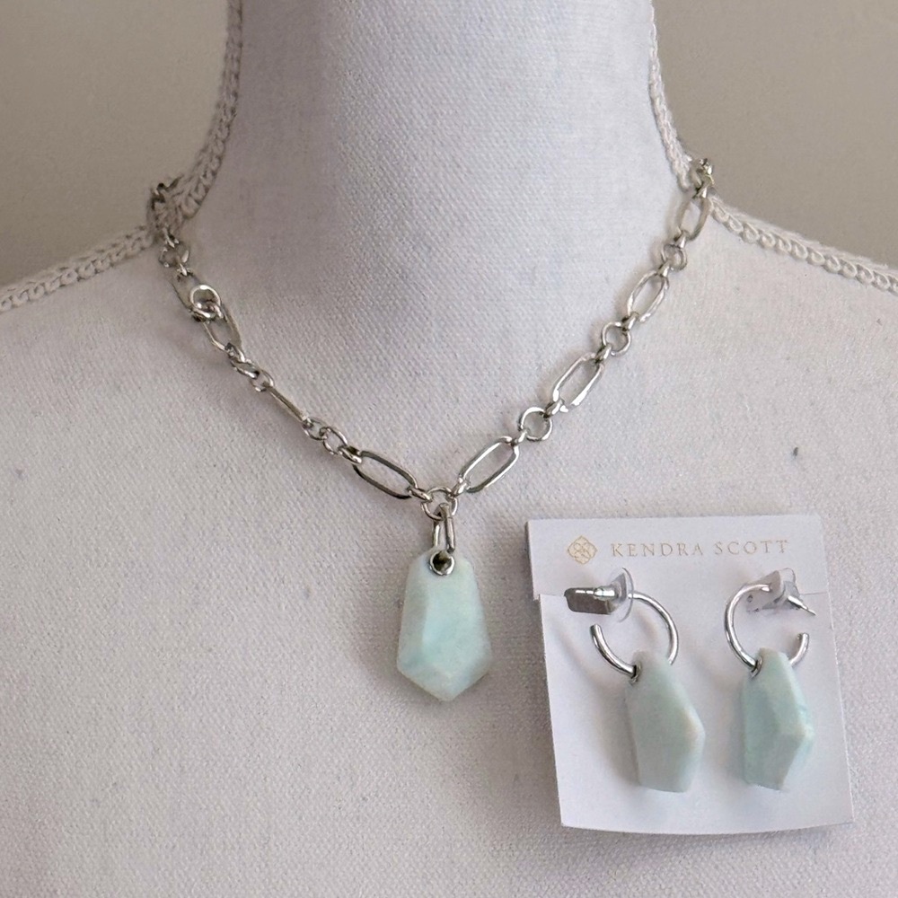 Kendra Scott Ashlyn Long Pendant Necklace Earrings Set Silver Teal Quartzite